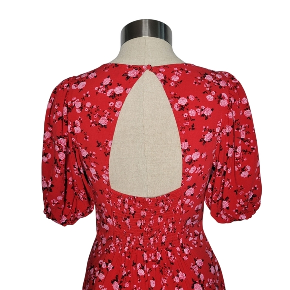 Old Navy Puff Sleeve Red Floral Maxi Dress Women's XS Ruched Back Spring Summer - Picture 6 of 14